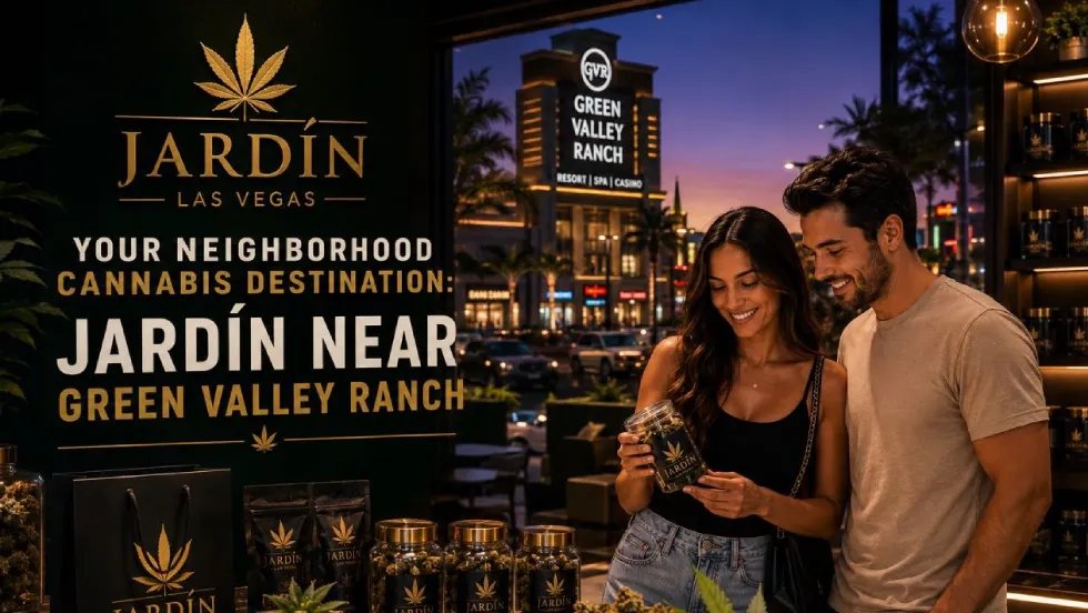 Exterior and interior of Jardín Cannabis Dispensary, serving Green Valley Ranch and Henderson residents near Las Vegas