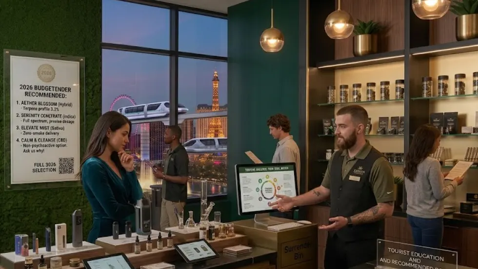 Friendly Jardin budtender helping a guest at 2900 E Desert Inn Rd Suite 102 Las Vegas
